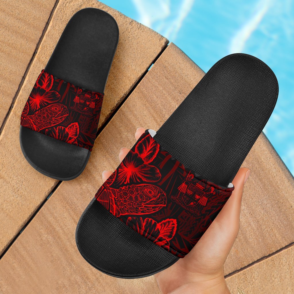 Fiji Slide Sandals - Turtle Hibiscus Pattern Red Black - Polynesian Pride