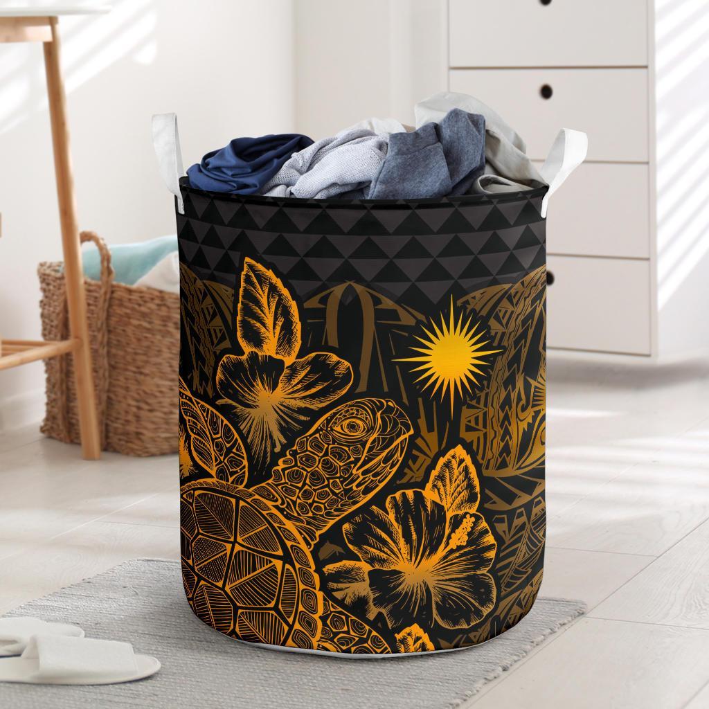 Marshall Islands Laundry Basket - Polynesian Turtle Hibiscus Gold Laundry Basket One Size Gold - Polynesian Pride