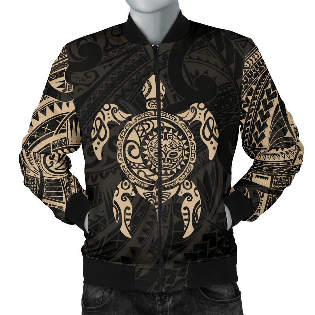 New Zealand Men Bomber Jacket , Maori Turtle Tattoo - Gold Black - Polynesian Pride