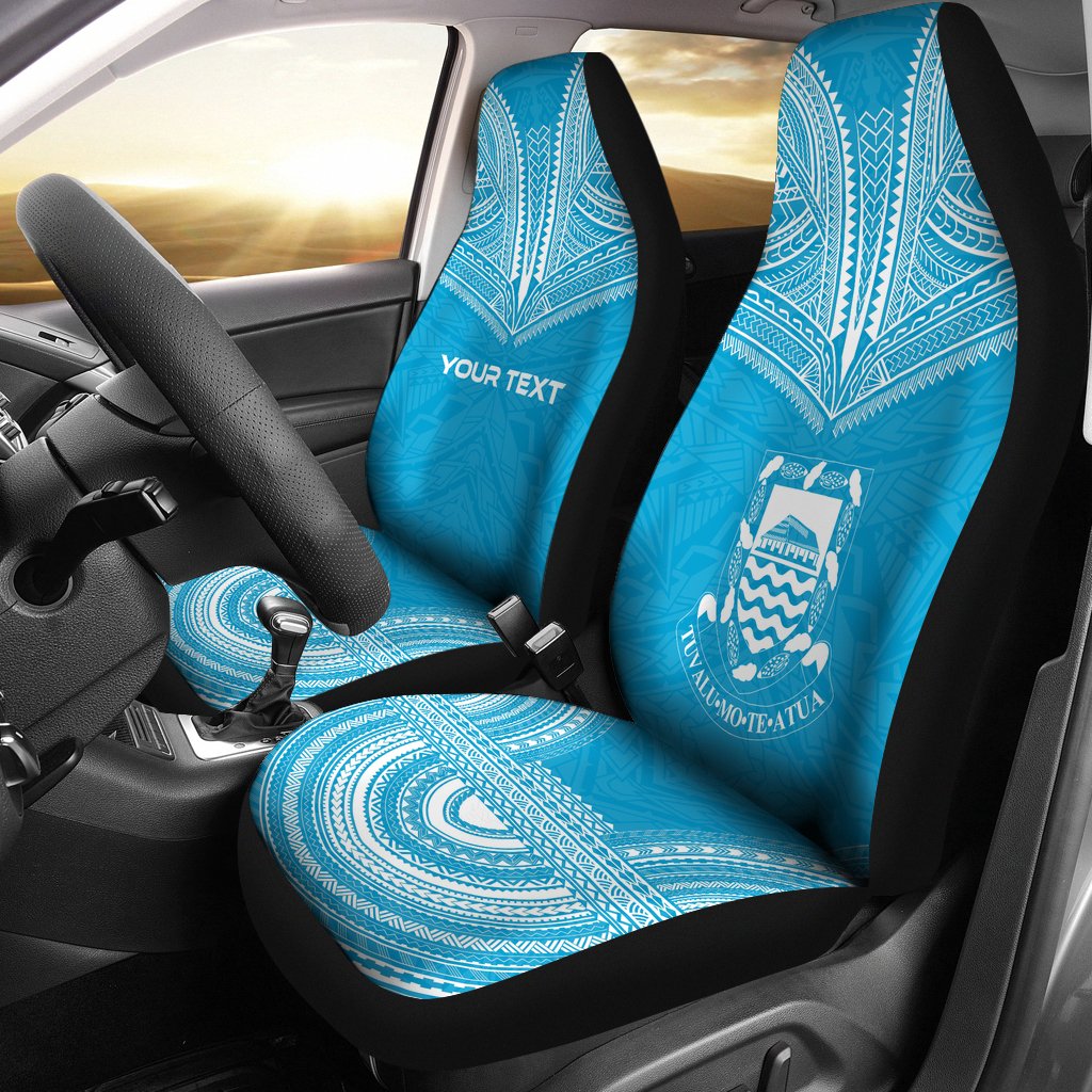 Tuvalu Custom Personalised Car Seat Cover - Tuvalu Coat Of Arms Polynesian Chief Tattoo Blue Version Universal Fit Blue - Polynesian Pride