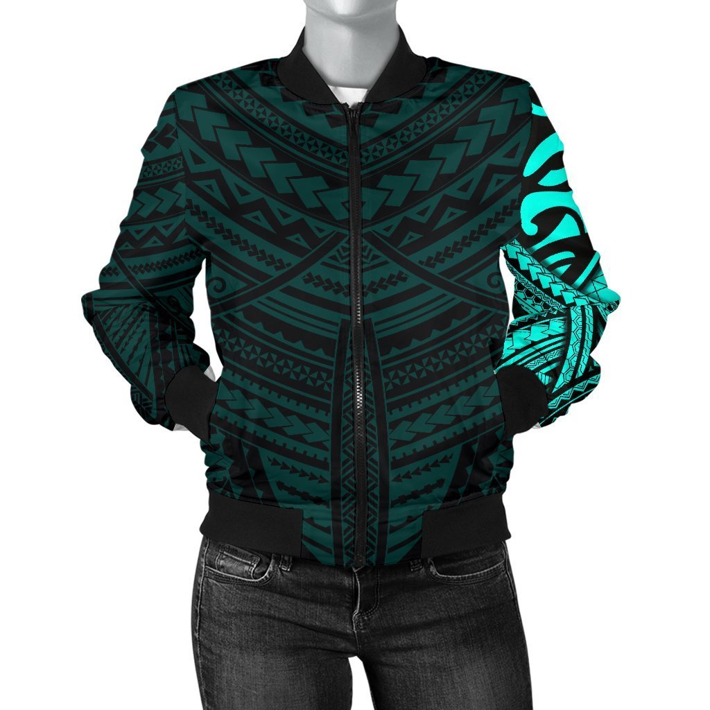 Maori Samoan Tattoo Women Bomber Jacket Turquoise Version Art - Polynesian Pride