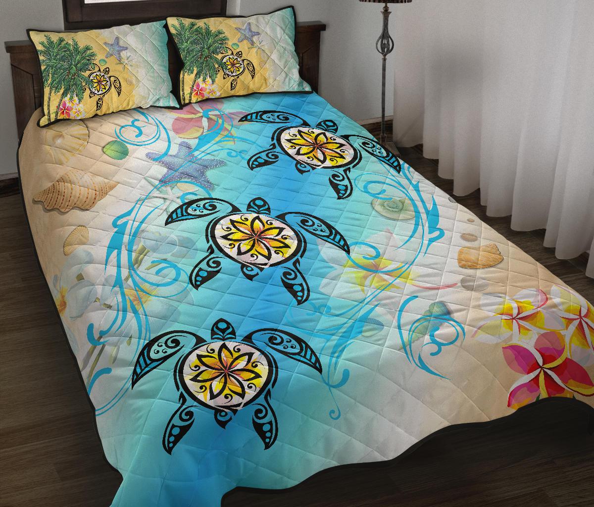 Hawaii Fresh Beach Turtle Plumeria Quilt Bed Set - AH - Brian Style - Polynesian Pride