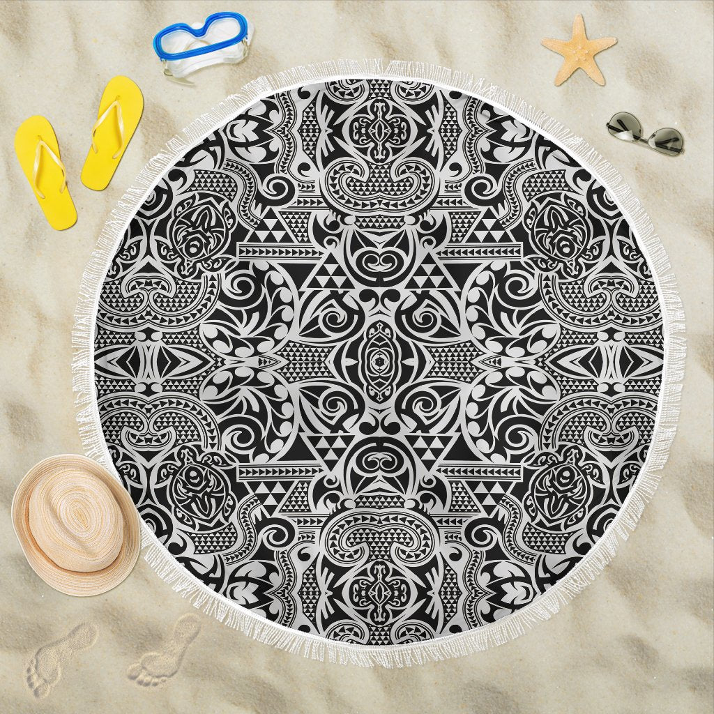 Polynesian Tribal Beach Blanket Black White Beach Blanket 59x59 White - Polynesian Pride