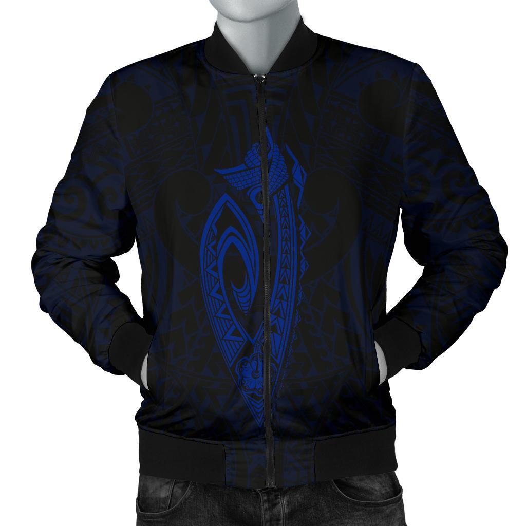 Hawaii Kakau Makau Fish Hook Kanaka Map Men's Bomber Jacket Polynesian - Blue Blue - Polynesian Pride