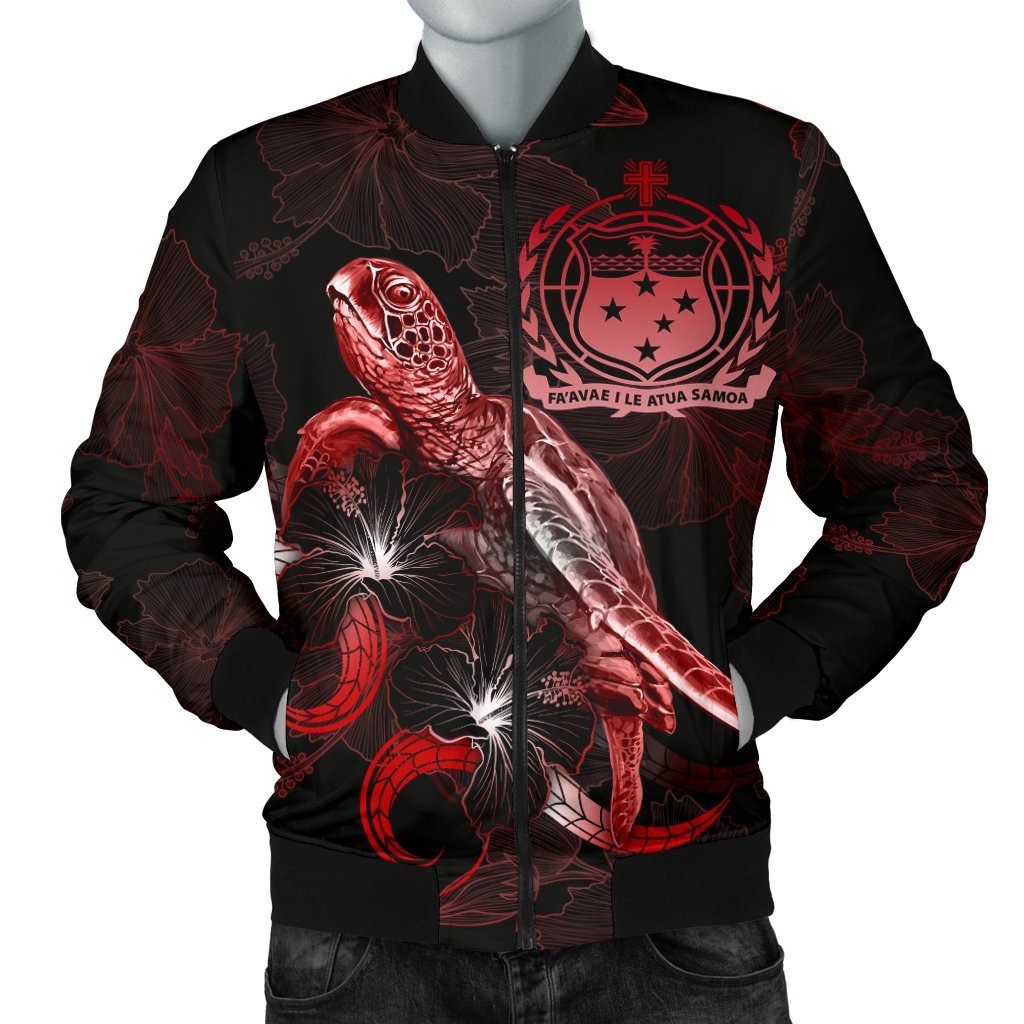 Samoa Polynesian Men's Bomber Jacket - Turtle With Blooming Hibiscus Red Red - Polynesian Pride