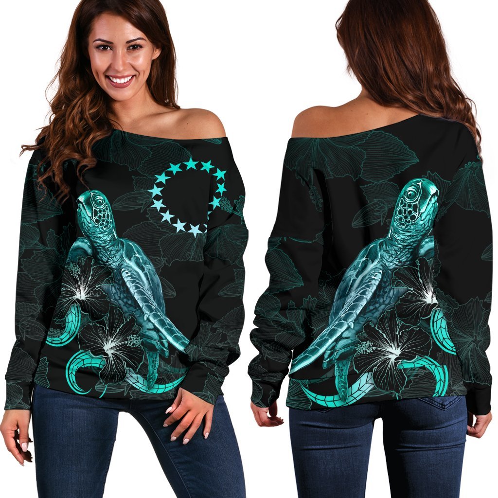 Cook Islands Polynesian Women's Off Shoulder Sweater - Turtle With Blooming Hibiscus Turquoise Turquoise - Polynesian Pride