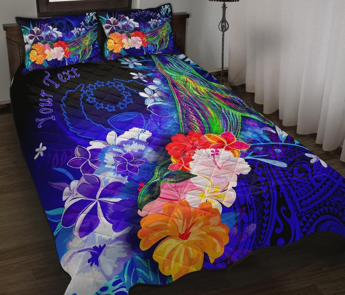 Pohnpei Custom Personalised Quilt Bed Set - Humpback Whale with Tropical Flowers (Blue) Blue - Polynesian Pride