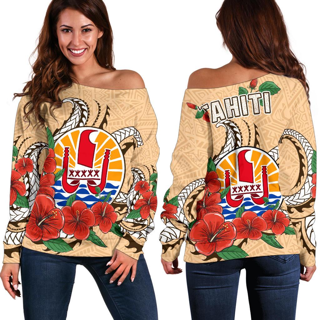 Tahiti Polynesian Off Shoulder Sweater - Hibiscus Coat of Arm Beige Art - Polynesian Pride