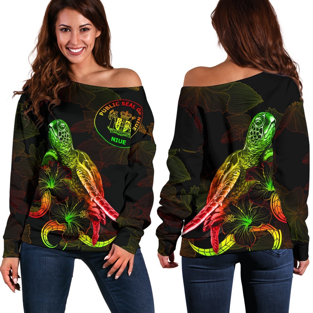 Niue Polynesian Women's Off Shoulder Sweater - Turtle With Blooming Hibiscus Reggae Art - Polynesian Pride