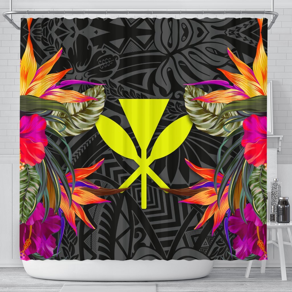 Hawaii Shower Curtain - Polynesian Hibiscus Pattern 177 x 172 (cm) Black - Polynesian Pride