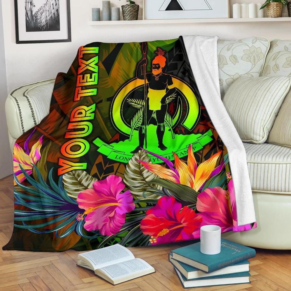 Vanuatu Polynesian Personalised Premium Blanket - Hibiscus and Banana Leaves White - Polynesian Pride