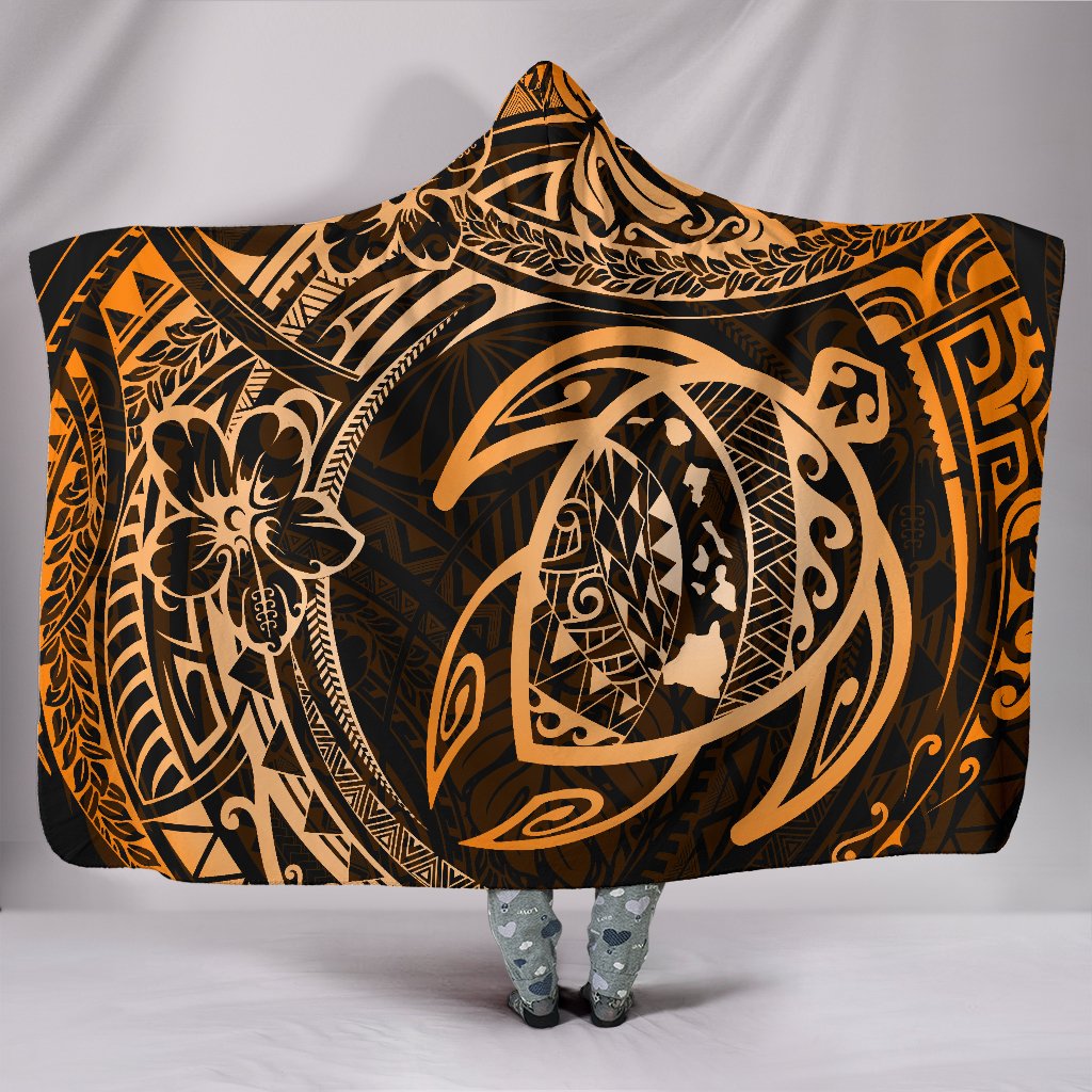 Hawaii Turtle Polynesian Orange Hooded Blanket Hooded Blanket Orange - Polynesian Pride