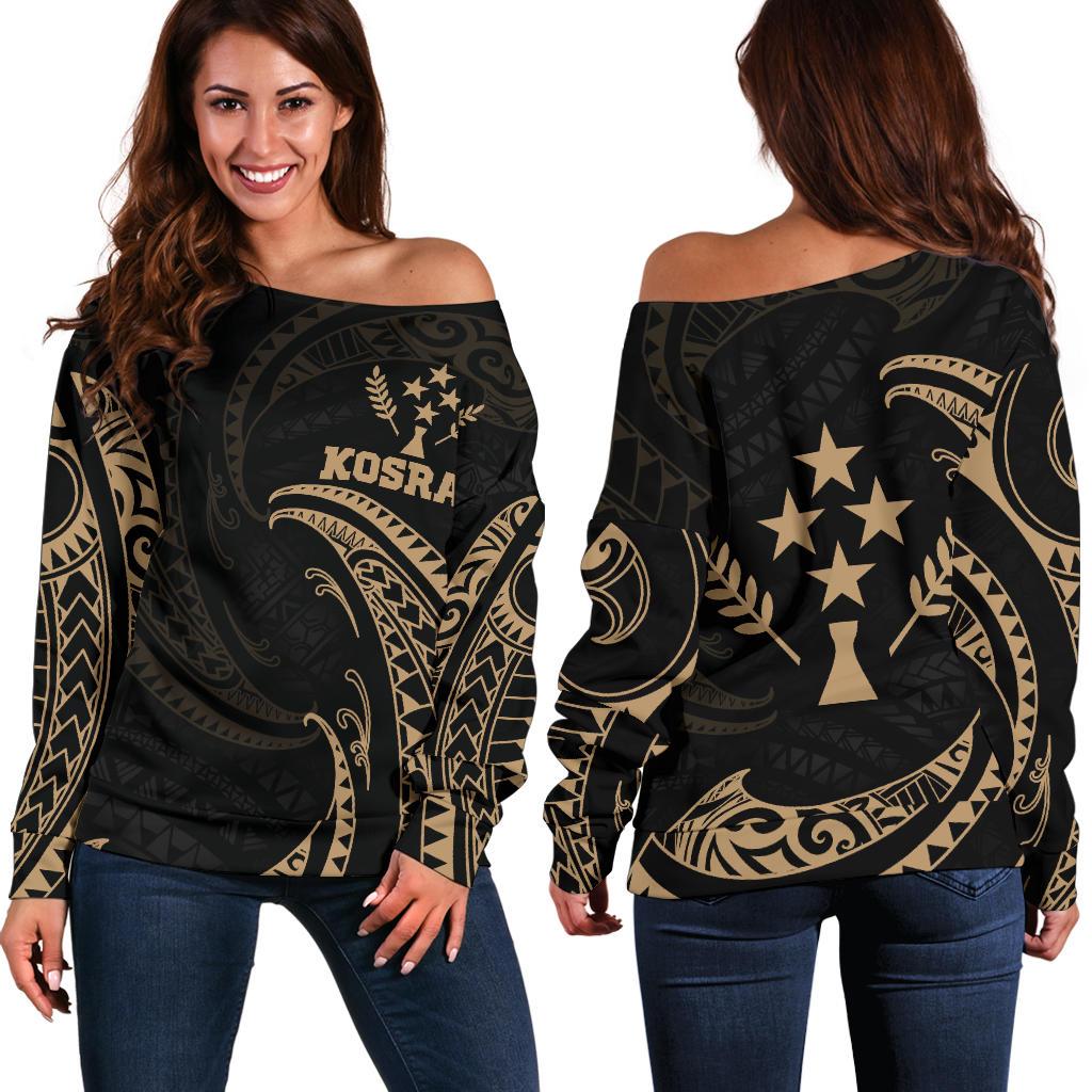 Kosrae Micronesia Women's Off Shoulder Sweater - Gold Tribal Wave Black - Polynesian Pride