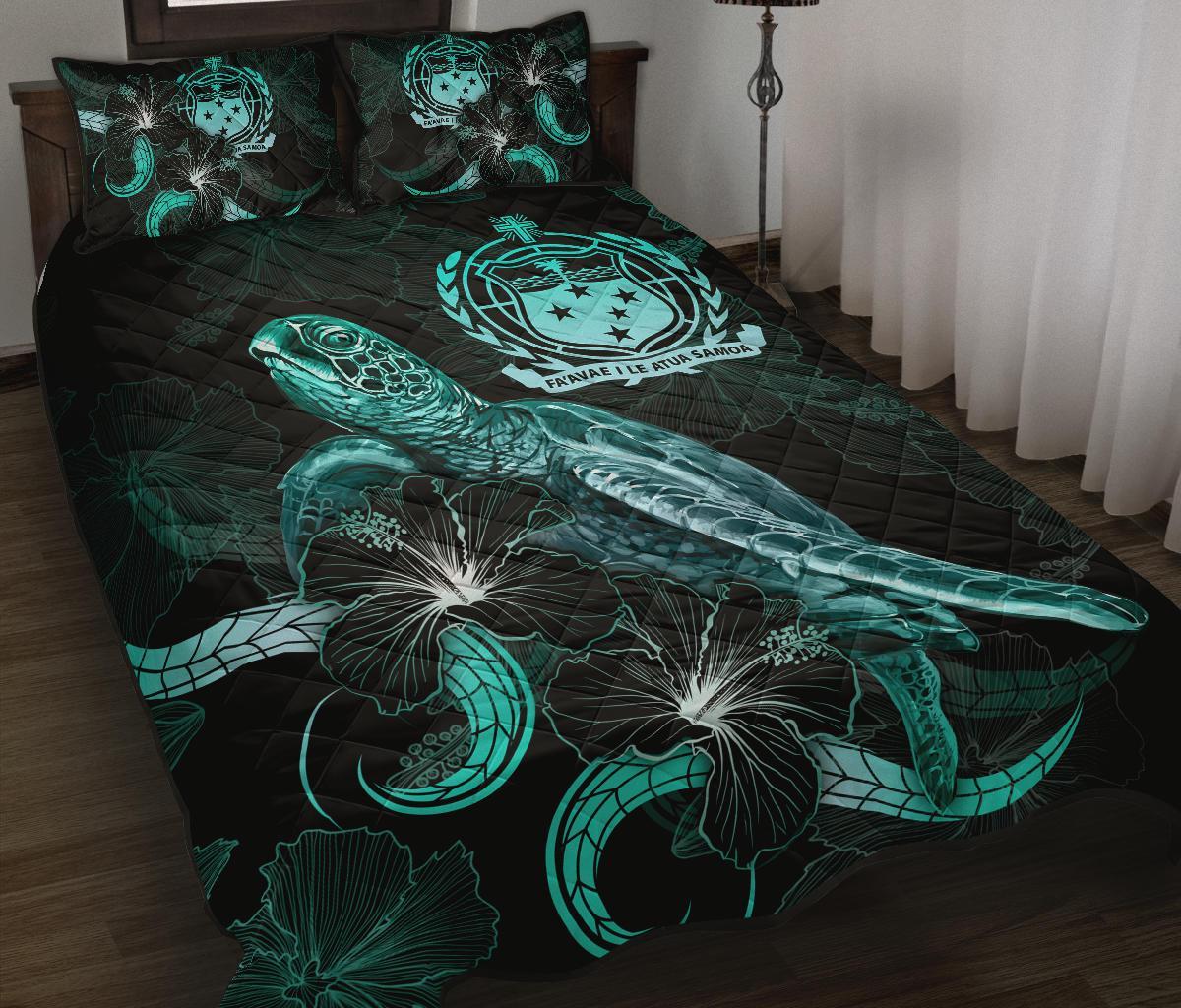 Samoa Polynesian Quilt Bed Set - Turtle With Blooming Hibiscus Turquoise Turquoise - Polynesian Pride