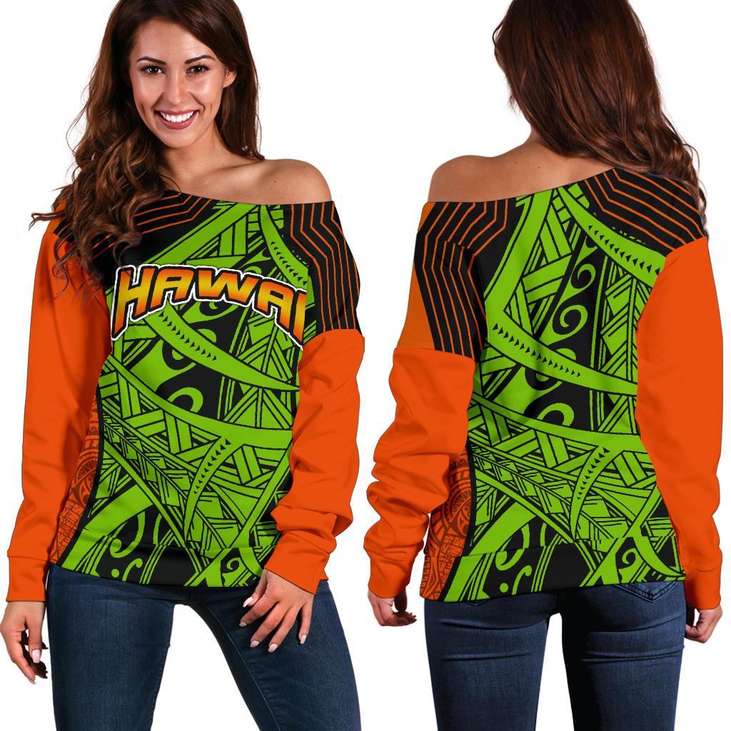 Polynesian Hawaii Women's Off Shoulder Sweater - Tribal Wave Green - Polynesian Pride