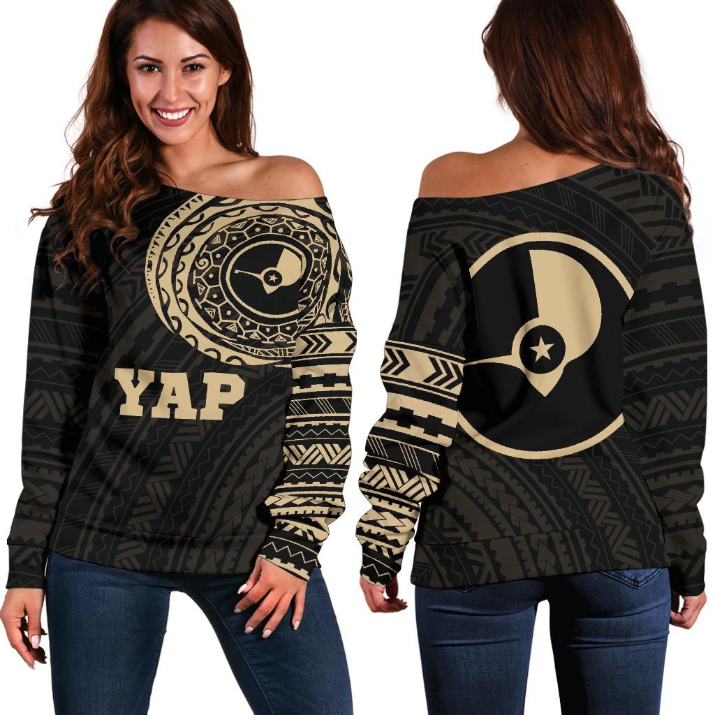 Yap in My Heart Tattoo Style Off Shoulder Sweater A7 Black - Polynesian Pride