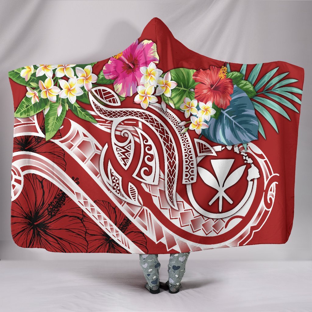 Polynesian Hawaii Kanaka Maoli Hooded Blanket - Summer Plumeria (Red) Hooded Blanket Red - Polynesian Pride