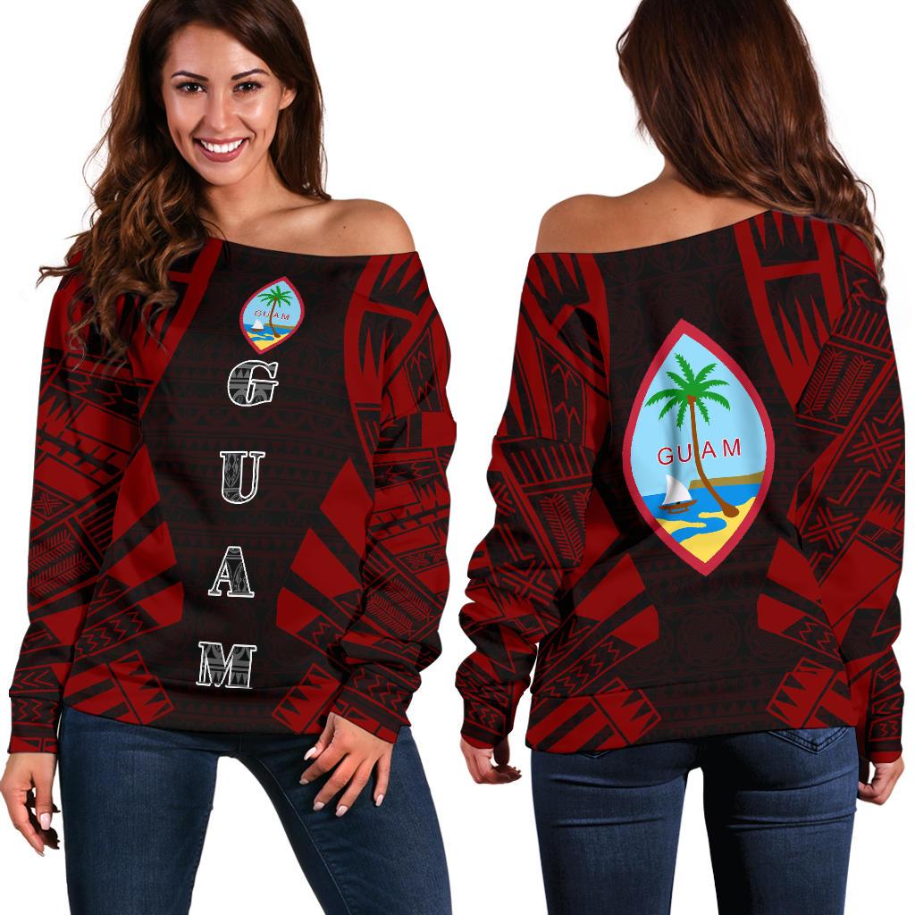 Guam Women's Off Shoulder Sweater - Polynesian Tattoo Red Red - Polynesian Pride