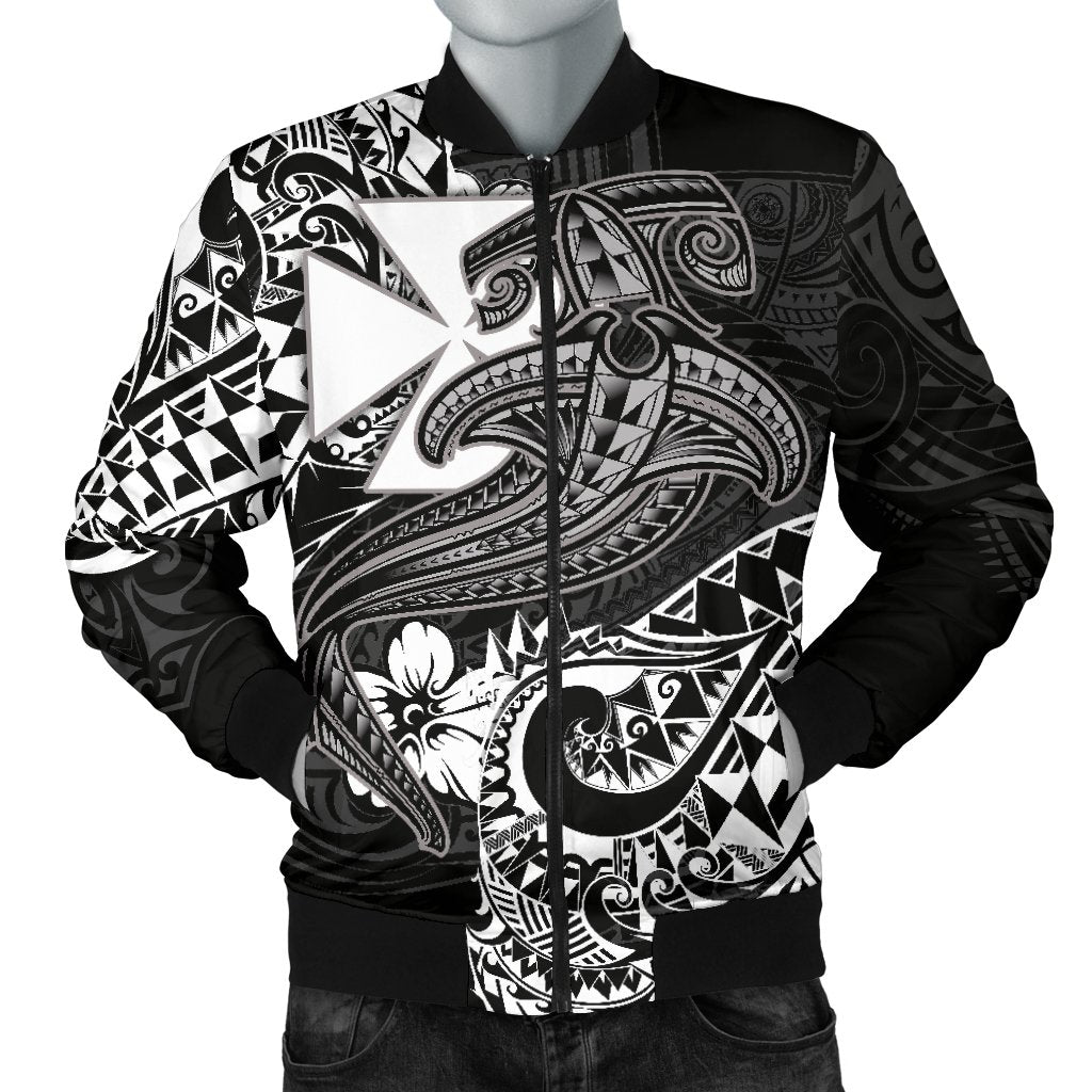 Polynesian Wallis and Futuna Men's Bomber Jacket - White Shark Polynesian Tattoo White - Polynesian Pride