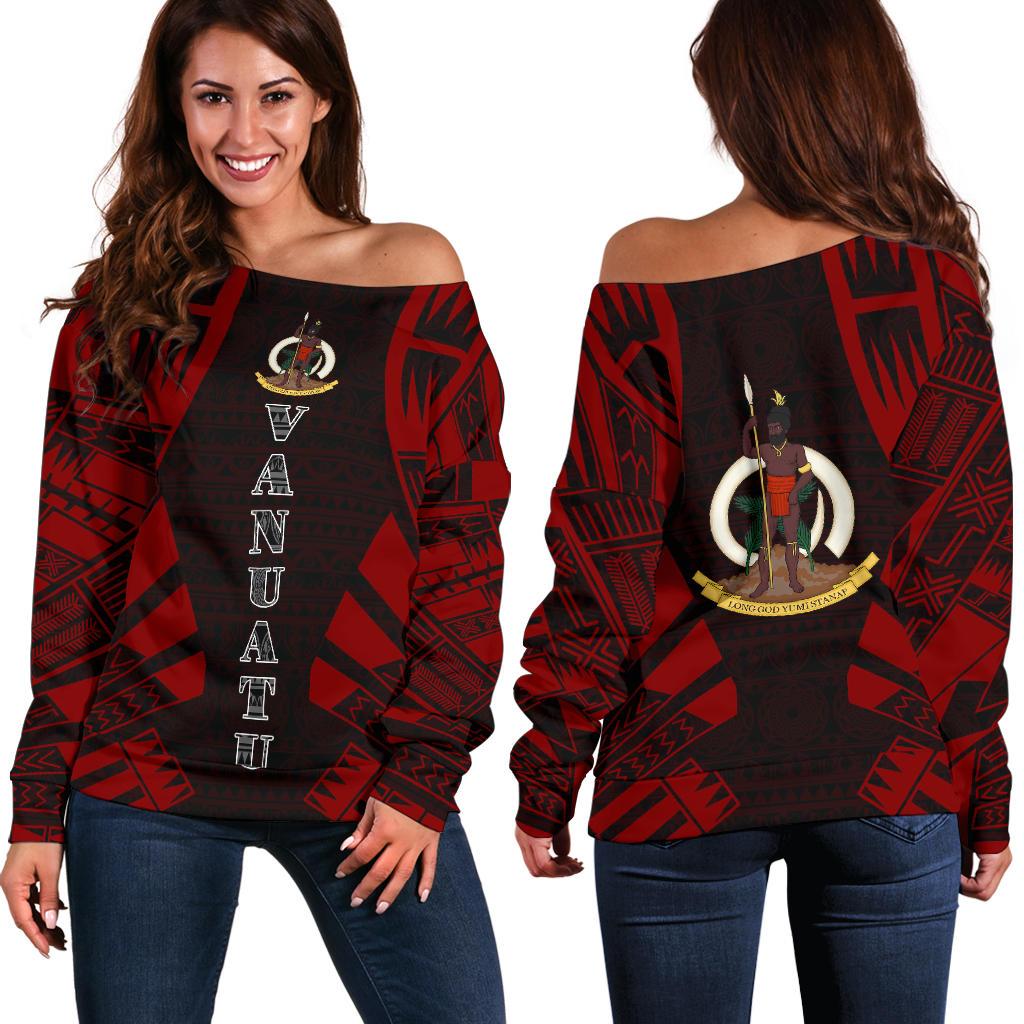 Vanuatu Women's Off Shoulder Sweater - Polynesian Tattoo Red Red - Polynesian Pride