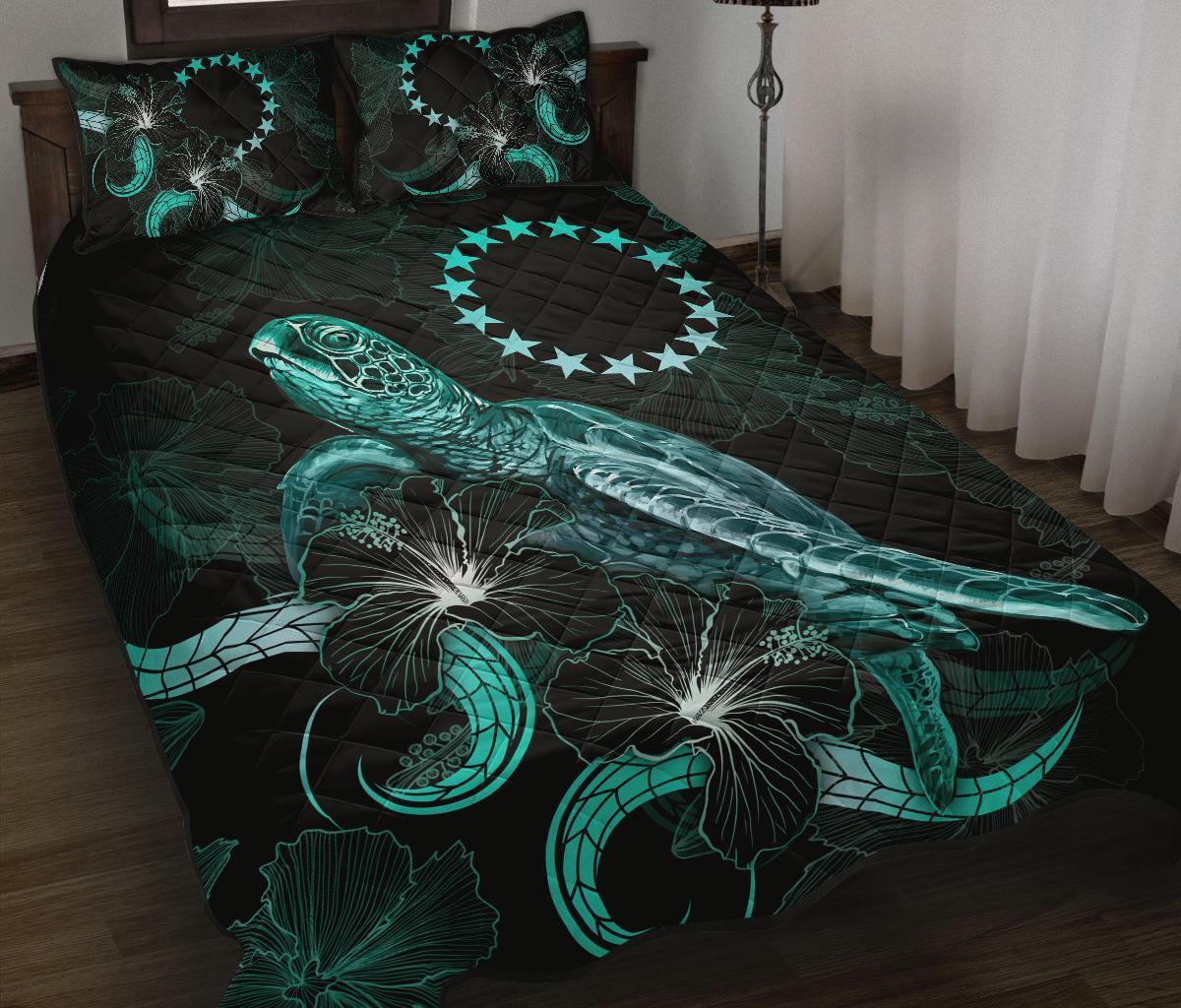 Cook Islands Polynesian Quilt Bed Set - Turtle With Blooming Hibiscus Turquoise Turquoise - Polynesian Pride