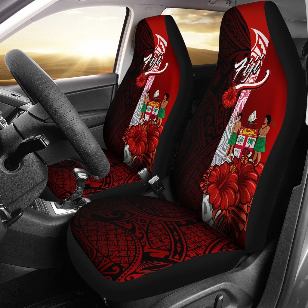 Fiji Polynesian Car Seat Covers - Coat Of Arm With Hibiscus Universal Fit Red - Polynesian Pride