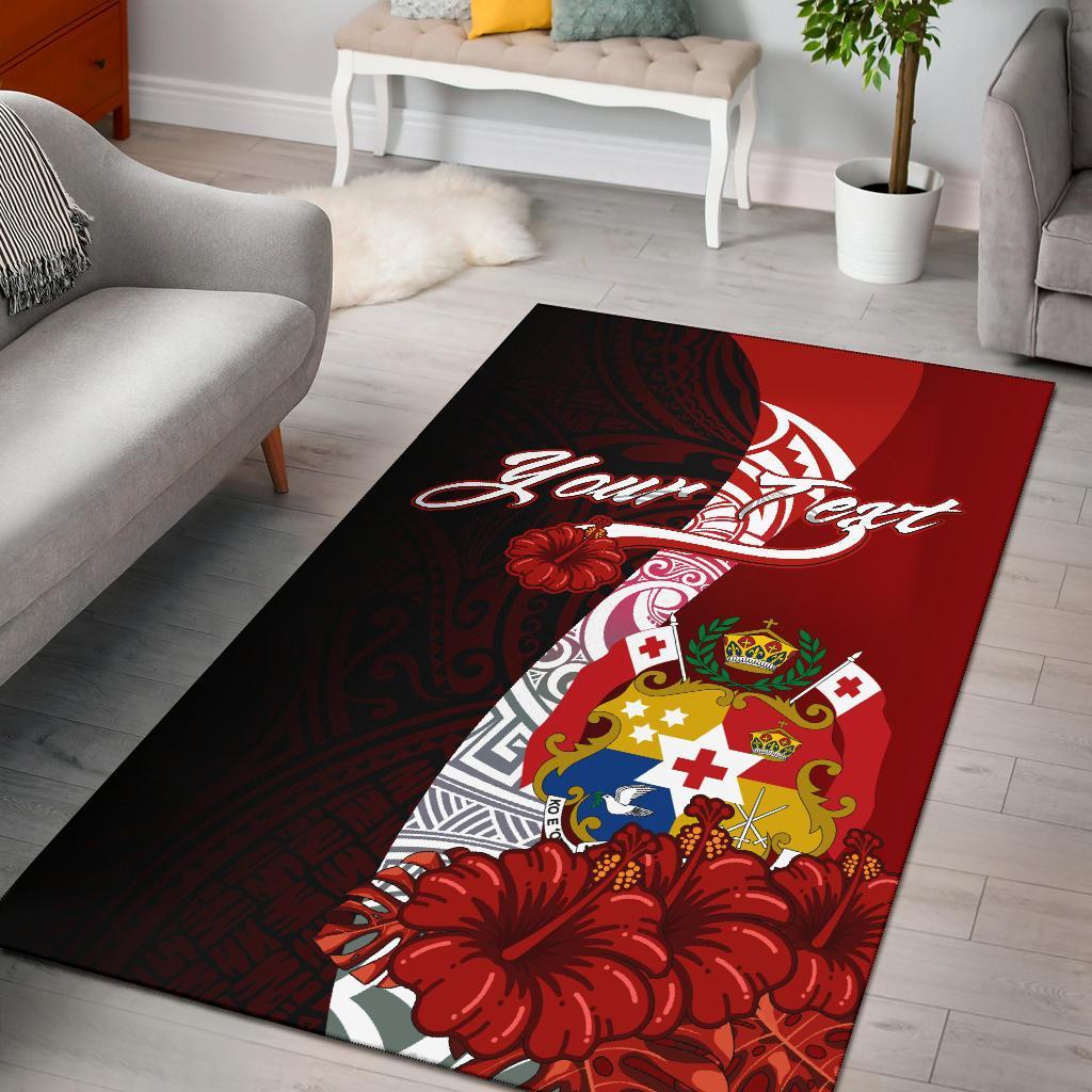 Tonga Polynesian Custom Personalised Area Rug - Coat Of Arm With Hibiscus Red - Polynesian Pride