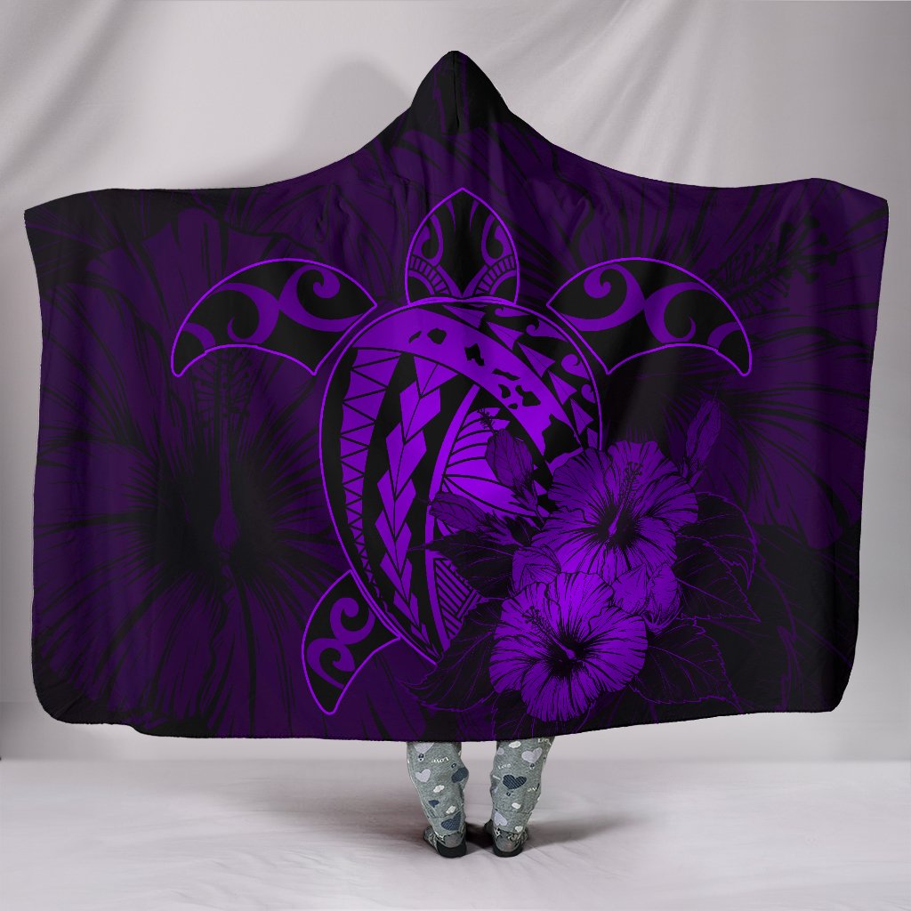 Hawaii Hibiscus Hooded Blanket - Harold Turtle - Purple Hooded Blanket Purple - Polynesian Pride