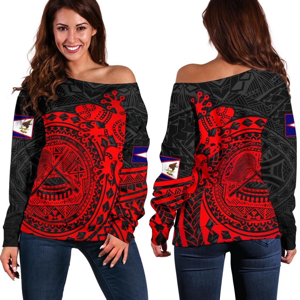 American Samoa Off Shoulder Sweater - Polynesian Lizard RED - Polynesian Pride