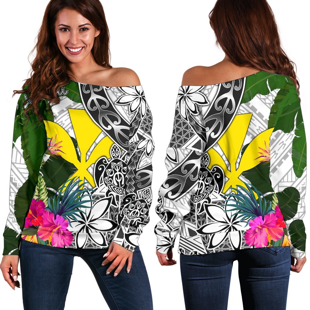 Hawaii Women's Off Shoulder Sweater White - Turtle Plumeria Banana Leaf White - Polynesian Pride