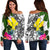 Hawaii Women's Off Shoulder Sweater White - Turtle Plumeria Banana Leaf White - Polynesian Pride