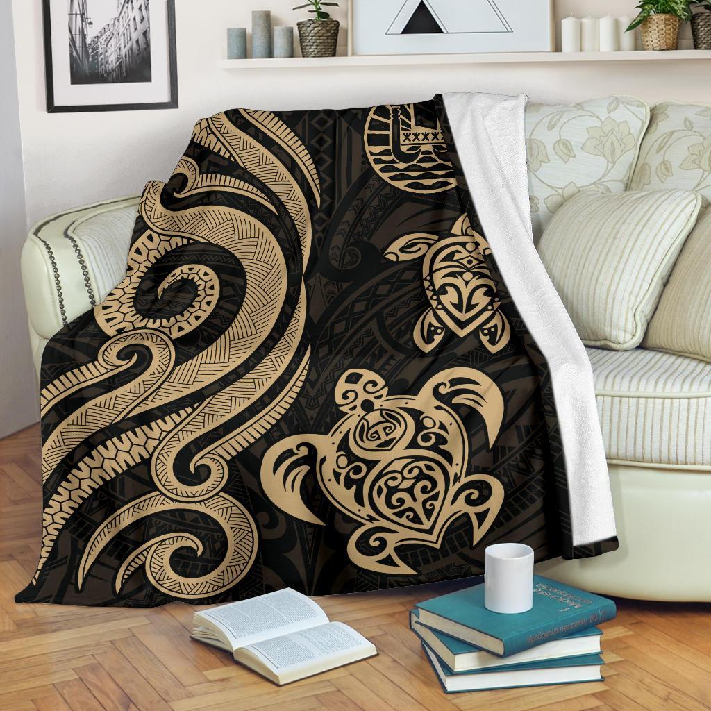 Tahiti Polynesian Premium Blanket - Gold Tentacle Turtle White - Polynesian Pride