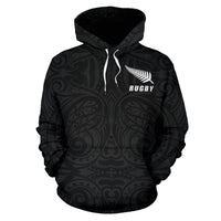 New Zealand Rugby Hoodie, Maori Haka Fern Pullover Hoodie Unisex Black - Polynesian Pride