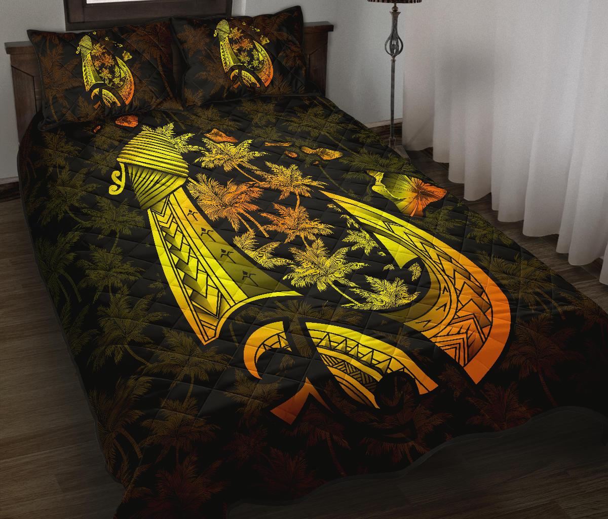 Hawaiian Map Palm Trees Fish Hook Polynesian Quilt Bedding Set Colorful Yellow - Polynesian Pride