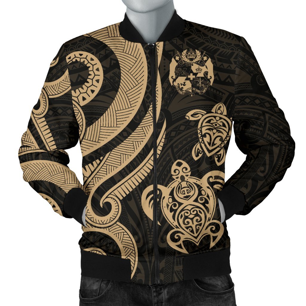 Tonga Polynesian Men Bomber Jacket - Gold Tentacle Turtle Gold - Polynesian Pride