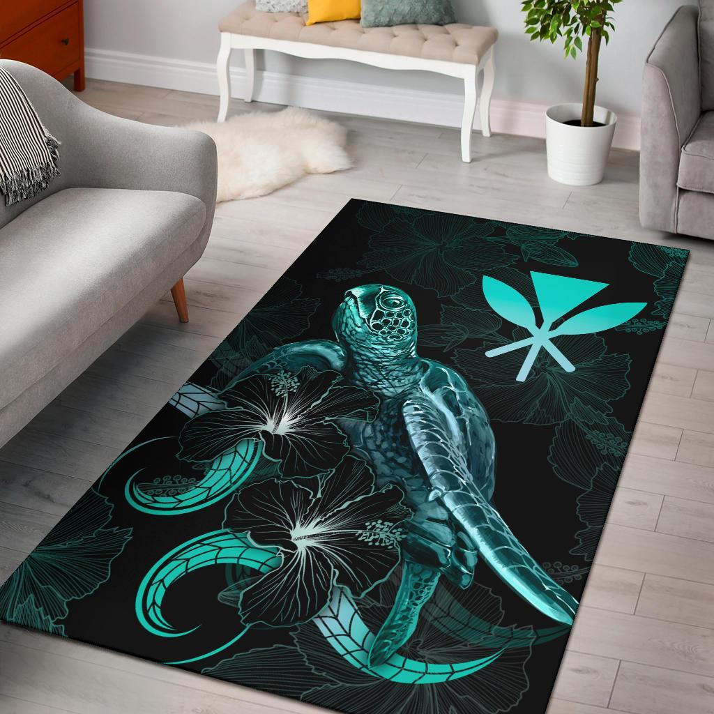 Hawaii Polynesian Area Rugs - Turtle With Blooming Hibiscus Turquoise Turquoise - Polynesian Pride