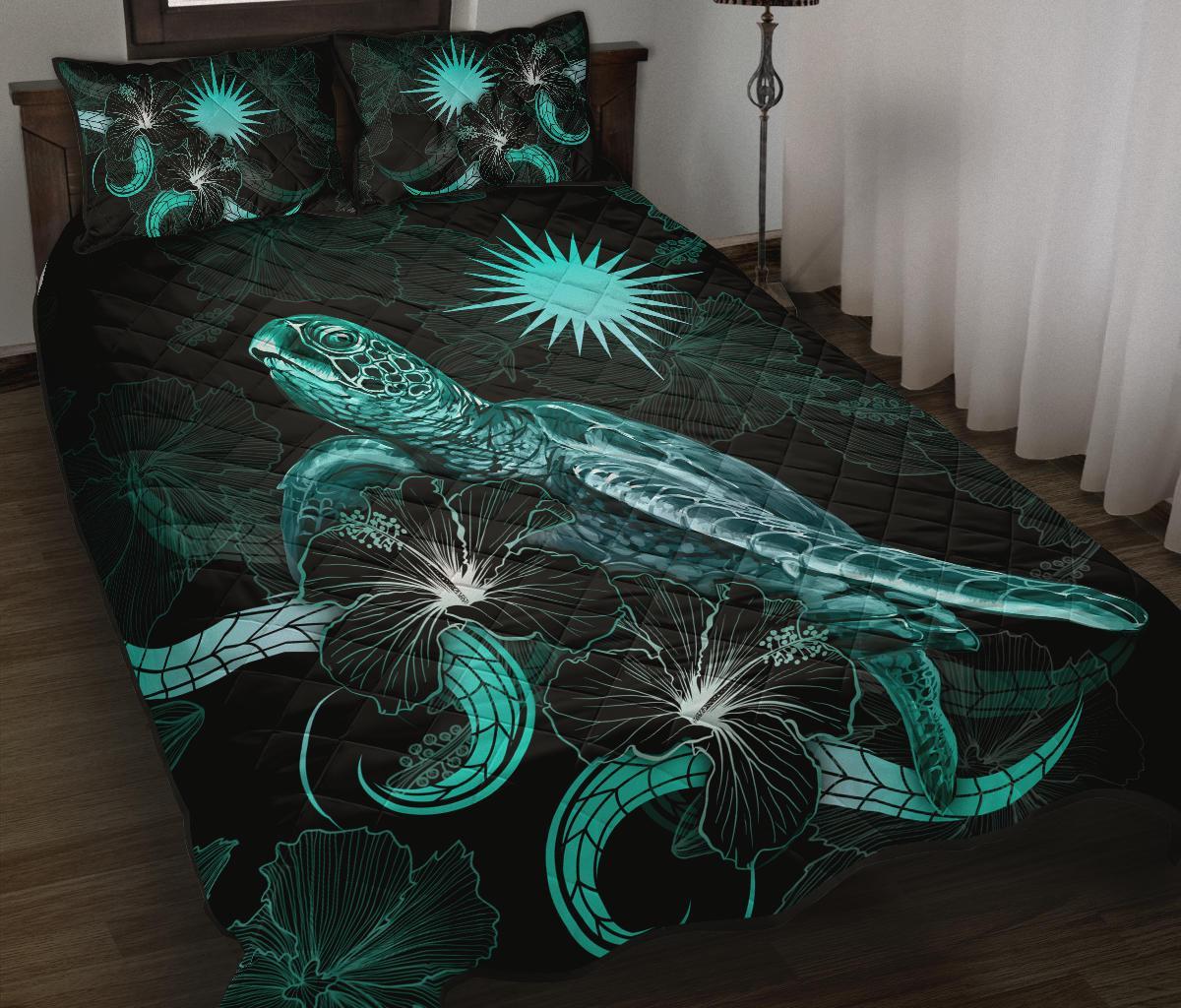 Marshall Islands Polynesian Quilt Bed Set - Turtle With Blooming Hibiscus Turquoise Turquoise - Polynesian Pride