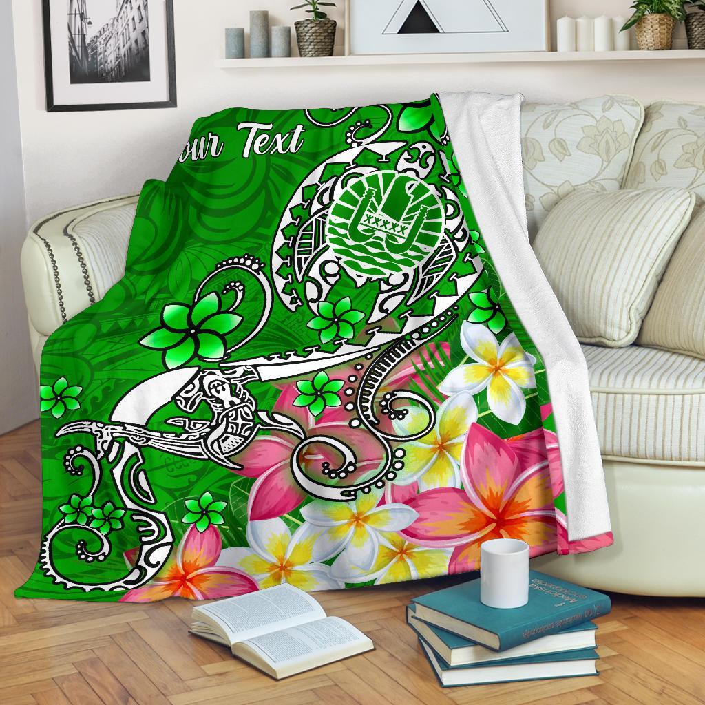 Tahiti Custom Personalised Premium Blanket - Turtle Plumeria (Green) White - Polynesian Pride