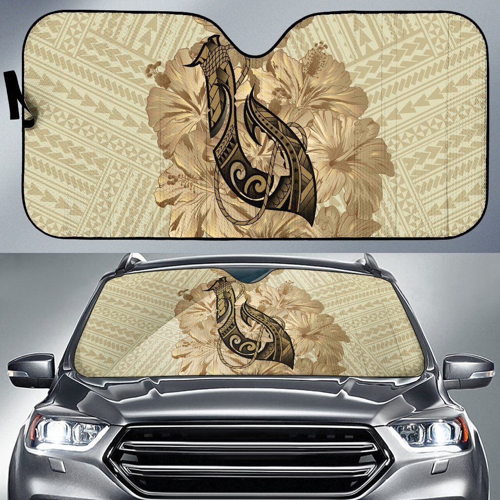 Hawaii Fish Hook Hibiscus Car Sun Shade Auto Sun Shade Universal Fit Beige - Polynesian Pride