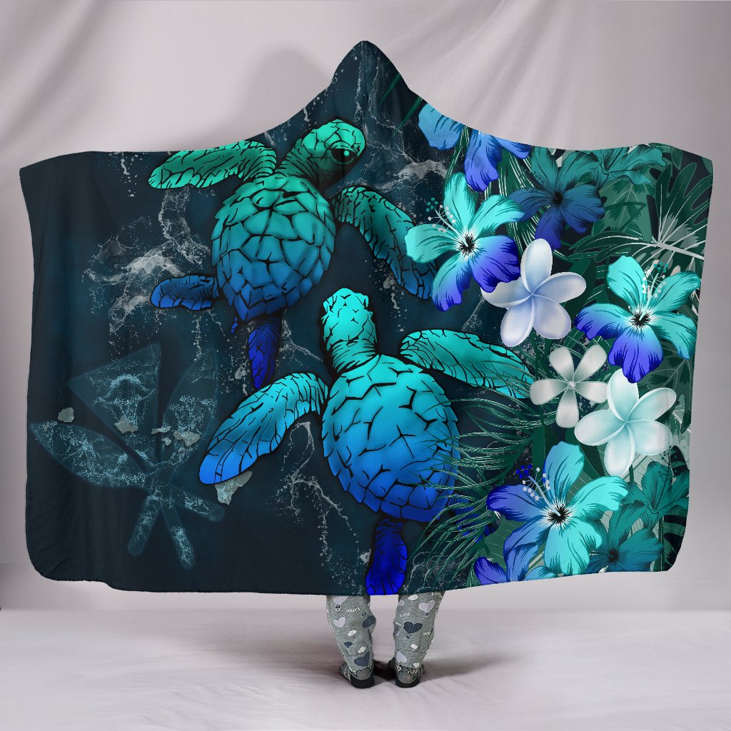 Kanaka Maoli (Hawaiian) Hooded Blanket - Sea Turtle Tropical Hibiscus And Plumeria Blue Hooded Blanket Blue - Polynesian Pride