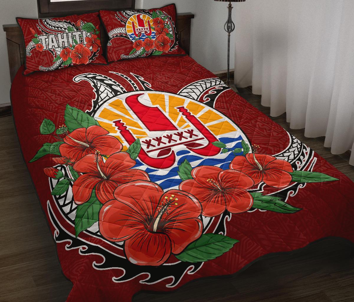 Tahiti Polynesian Quilt Bed Set - Hibiscus Coat of Arm Red RED - Polynesian Pride