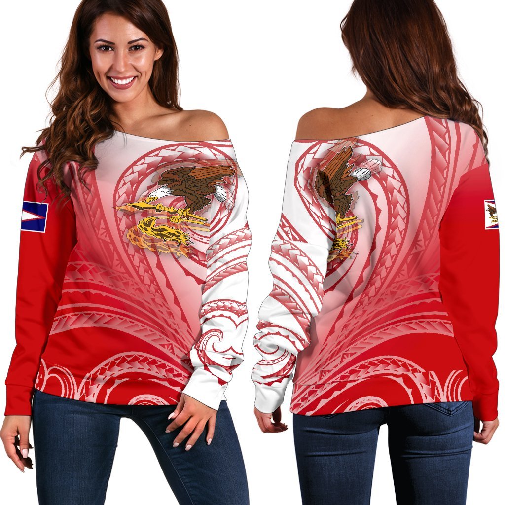 American Samoa Polynesian Women's Off Shoulder Sweater - Bald Eagle (Red) Red - Polynesian Pride