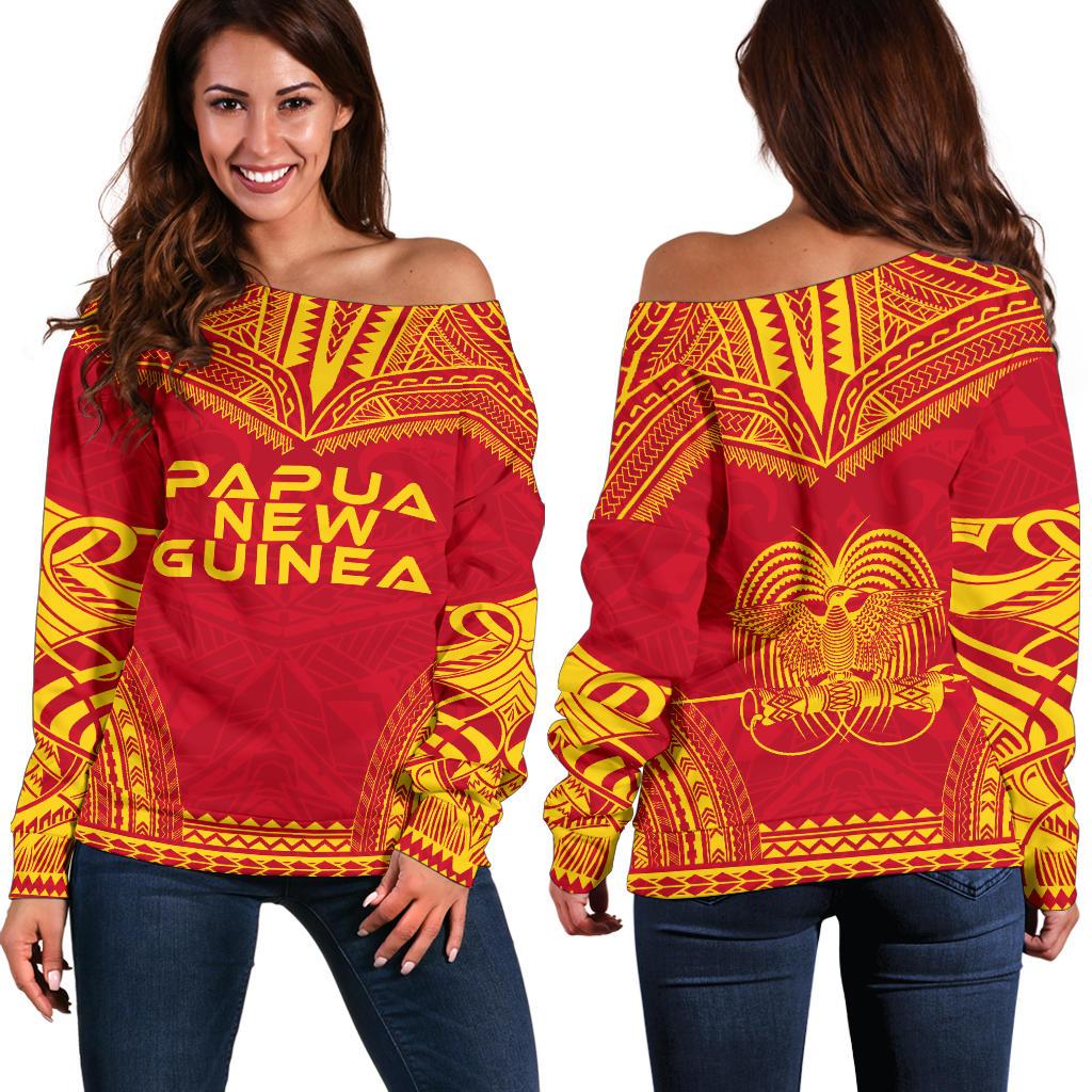 Papua New Guinea Flag Polynesian Chief Women's Off Shoulder Sweater Red - Polynesian Pride