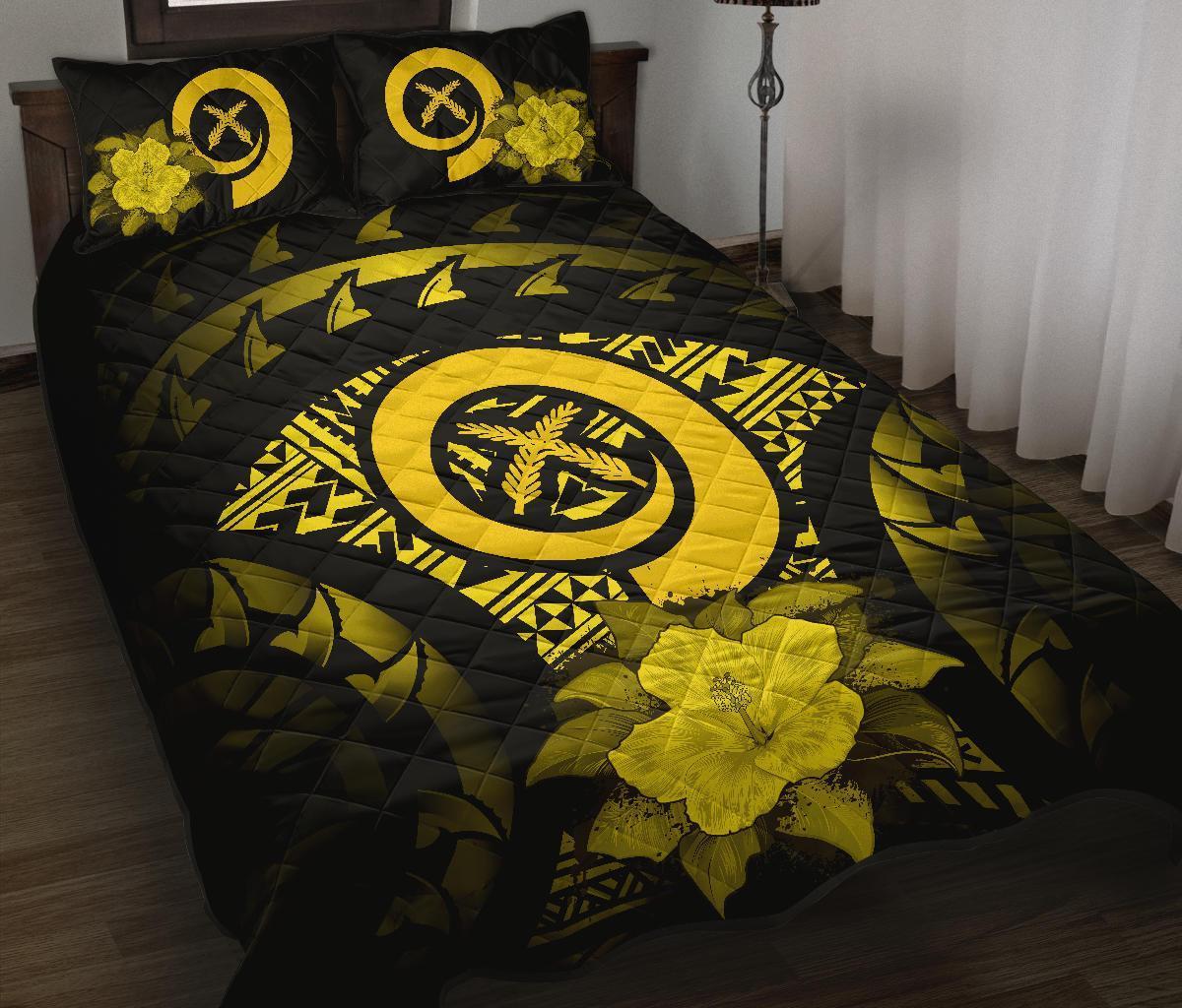 Vanuatu Polynesian Quilt Bed Set Hibiscus Yellow Black - Polynesian Pride