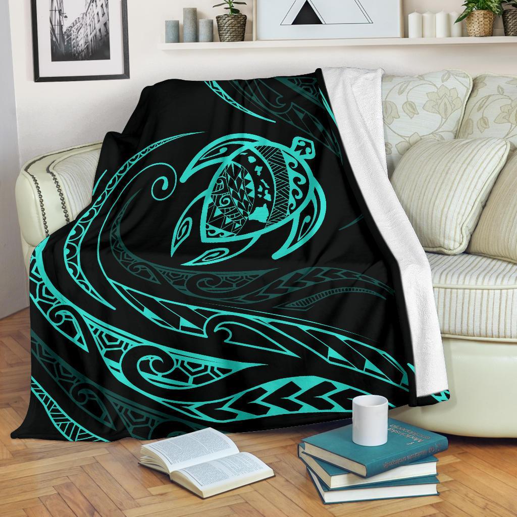 Hawaii Turtle Premium Blanket - Turquoise - Frida Style White - Polynesian Pride