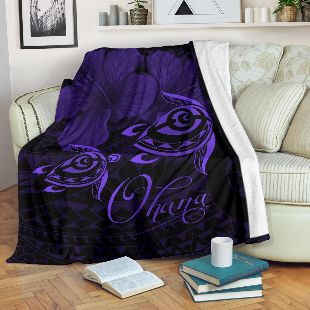 Hawaii Turtle Ohana Hibiscus Poly Premium Blanket - Purple White - Polynesian Pride