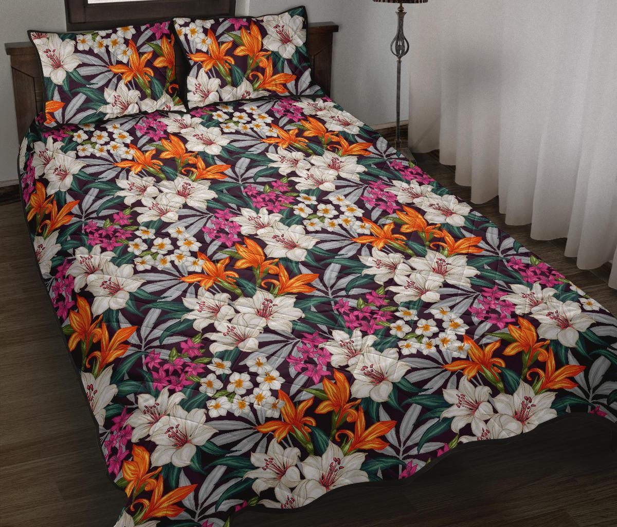 Hawaii Quilt Bed Set Seamless Exotic Pattern With Tropical Leaves Flowers AH Black - Polynesian Pride