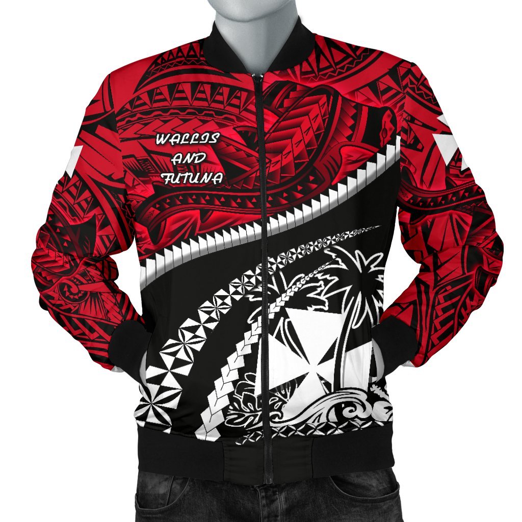 Wallis and Futuna Tapa Men's Bomber Jacket Polynesian Shark Tattoo Red - Polynesian Pride