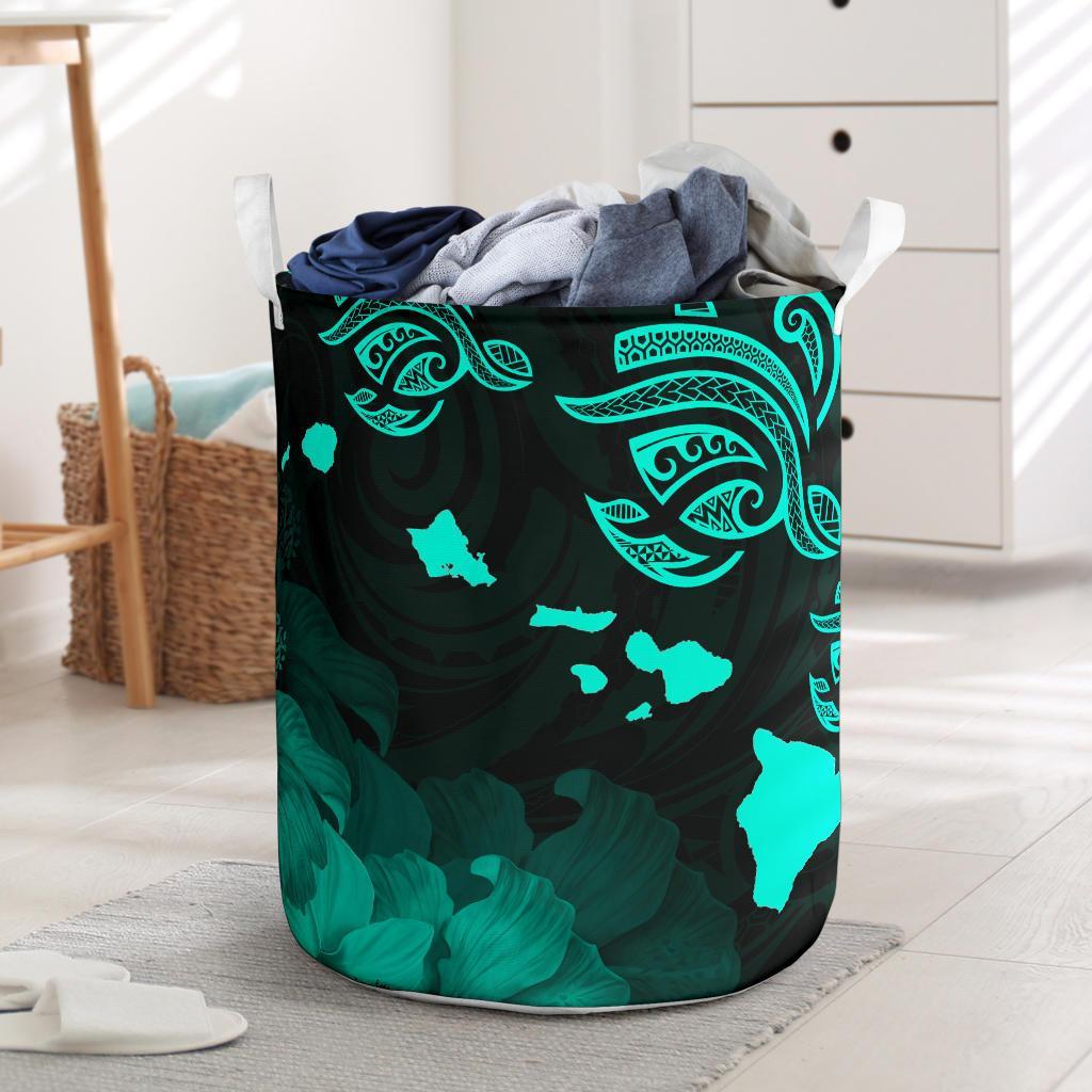 Hawaii Hibiscus Map Polynesian Ancient Turquoise Turtle Laundry Basket AH Laundry Basket - 1 One Size Turquoise - Polynesian Pride