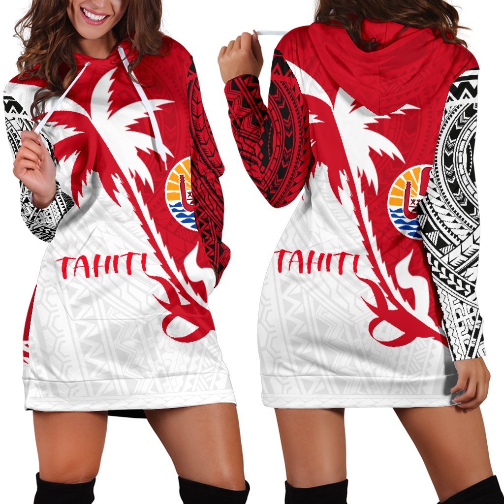 Tahiti Polynesian Hoodie Dress - Tahiti Flag Coconut Tree K4 Red - Polynesian Pride